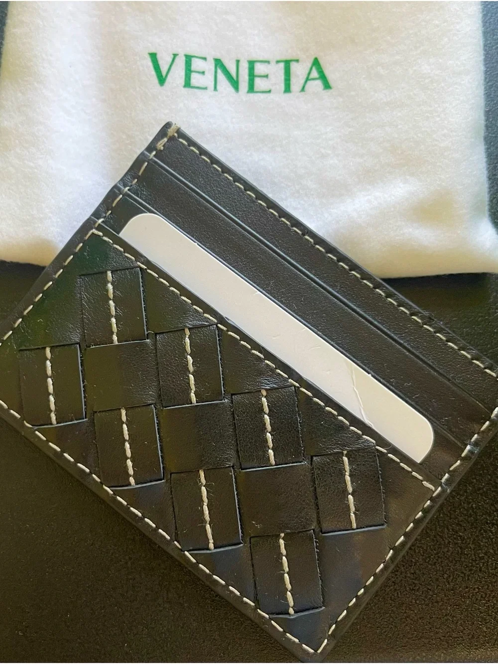 Bottega Veneta Black Intrecciato Leather Card Case with White Stitching